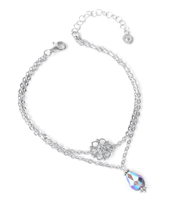 Silver double-chain flower bracelet with an Austrian Tanzanite AB drop
