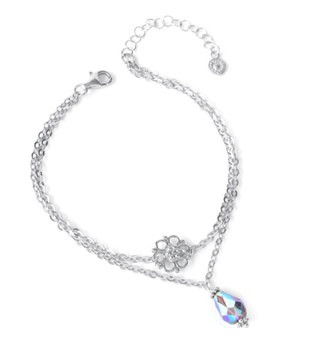 Silver double-chain flower bracelet with Swarovski Tanzanite AB drop