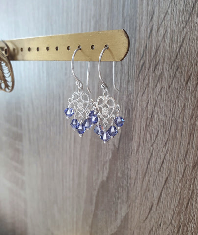 Silver earrings with heart filigree and tanzanite Swarovski crystals