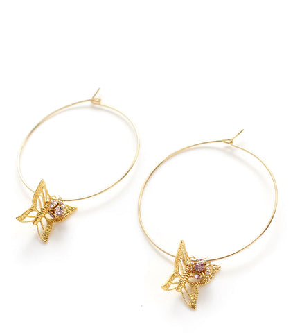 18K gold plated hoop earrings with butterfies and Swarovski balls