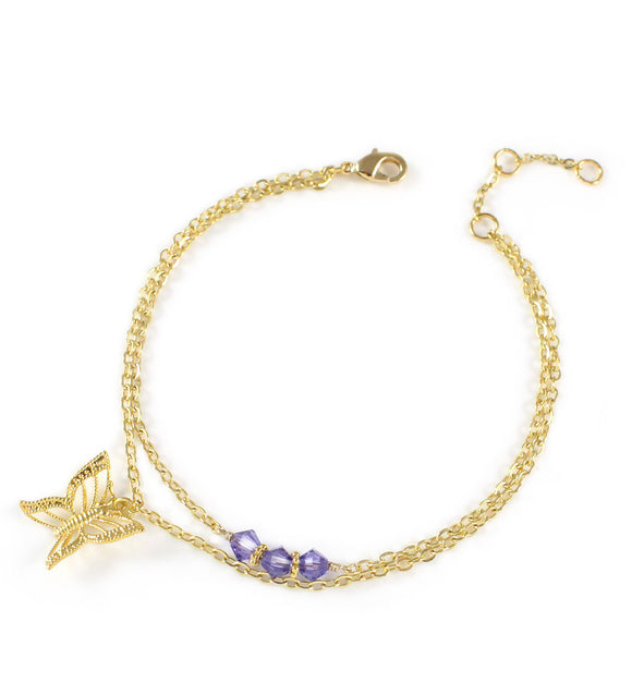 Dige Designs gold butterfly bracelet with Tanzanite Swarovski crystals
