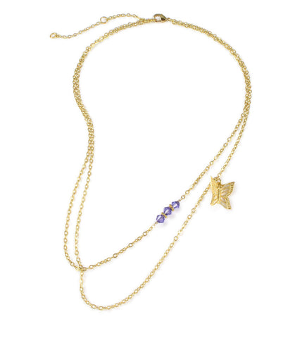 18K gold plated double chain butterfly necklace with Swarovski crystals