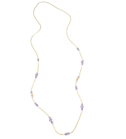 Long 18K gold plated necklace with freshwater pearls and Swarovski Tanzanite crystals 