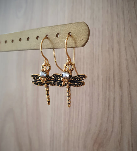 18K gold plated dragonfly earrings with Black Silver Night crystals