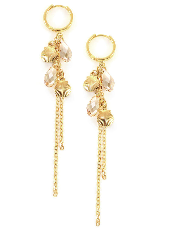 Gold seashell hoop earrings with Golden Shadow Austrian drops