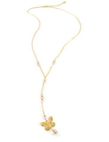 Gold butterfly necklace with pearls and Swarovski crystal drop