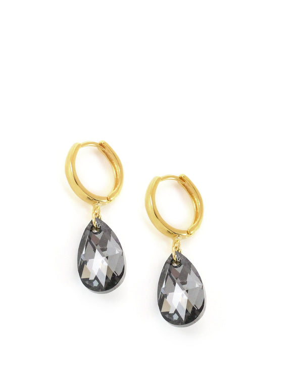 Black diamond Swarovski drop and gold hoop earrings
