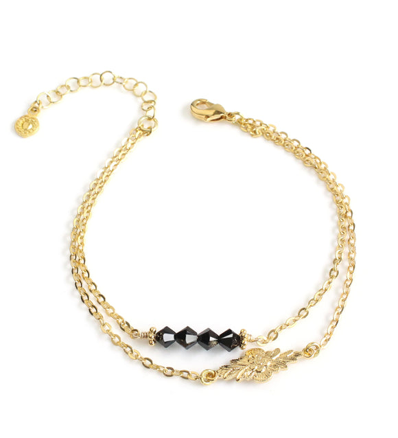 Gold double chain bracelet with black Austrian crystals
