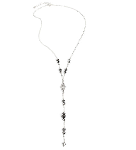Silver Y-necklace with Black Silver Night Swarovski crystals and grey pearls