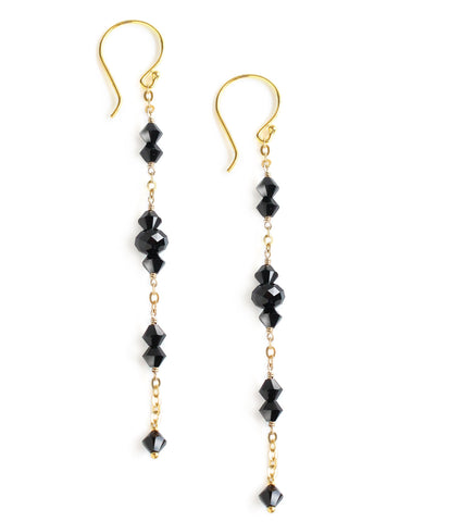 Long-length 18K gold plated earrings with black Swarovski crystals
