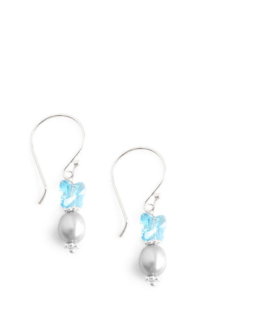 Silver earrings with grey freshwater pearls and blue Austrian crystal butterflies