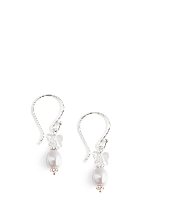 Silver earrings with grey freshwater pearls and Austrian crystal butterflies