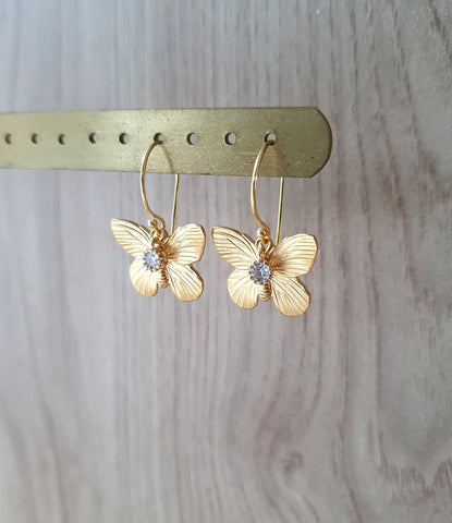 Dige Designs gold butterfly earrings with Swarovski crystals
