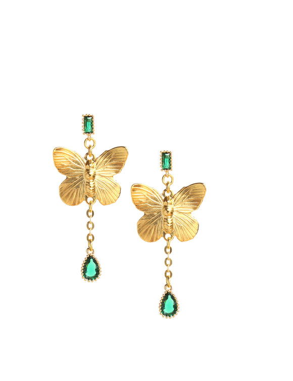 Emerald drop and butterfly stud earrings