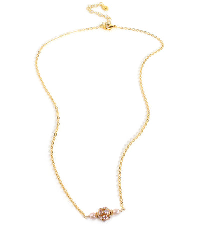 18K Gold plated necklace with Light Amethyst Swarovski crystal ball and freshwater pearls