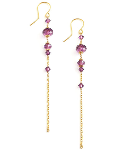 Long-length 18K gold plated earrings with Amethyst Swarovski crystals