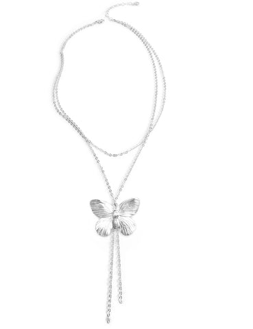 Silver double chain butterfly necklace