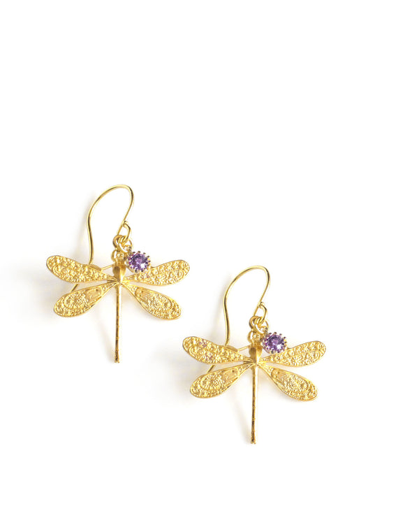 Gold dragonfly and tanzanite Swarovski crystal earrings