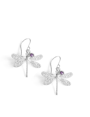 Silver dragonfly and Tanzanite Austrian crystal earrings