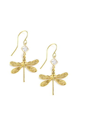 Gold dragonfly and diamond-cut crystal earrings