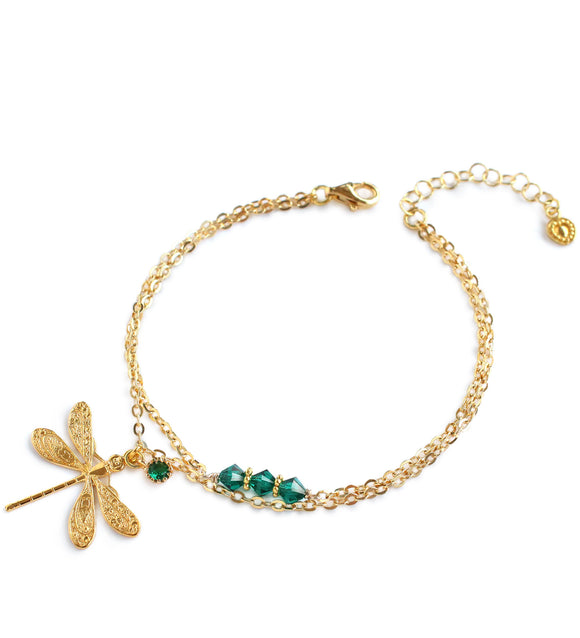Gold dragonfly bracelet with Emerald crystals