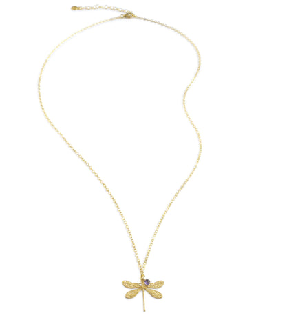 18K gold plated dragonfly necklace with Tanzanite crystal
