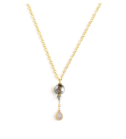 18K gold plated necklace with a dark grey Swarovski pearl and crystal drop