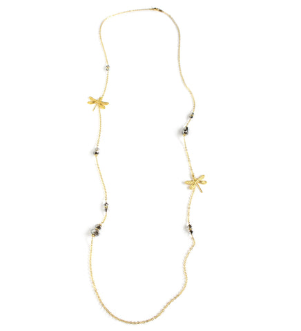 Long 18K gold plated dragonfly necklace with Black Silver Night Swarovski crystals