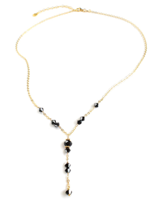 Short 18K gold plated Y-necklace with black Austrian crystals