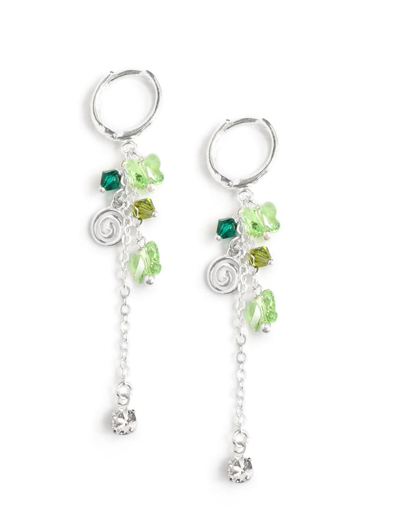 Silver hoop earrings with Peridot butterflies and crystals