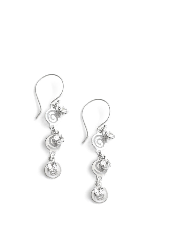 Silver swirl coin earrings with clear Austrian crystals