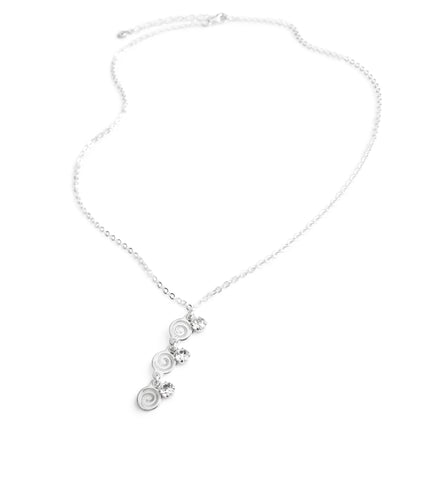 Short silver plated triple-swirl coin necklace with Swarovski crystals charms