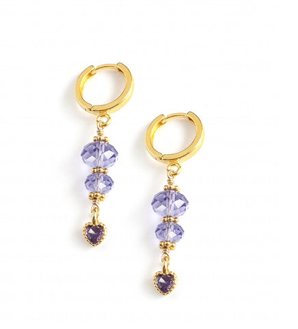 18K goldplated hoop earrings with Tanzanite heart and Swarovski crystals