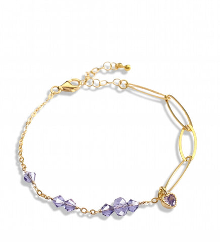 18K goldplated bracelet with Tanzanite heart and crystals