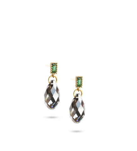 18K gold plated emerald stud earrings with Black Silver Night drops