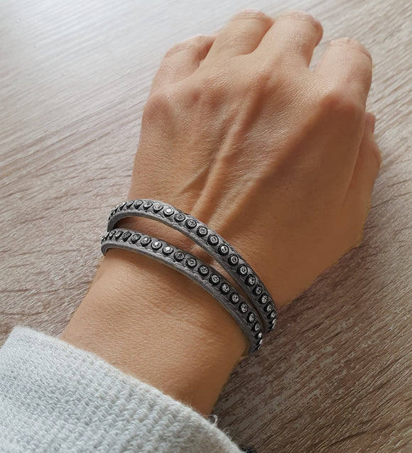 Grey double wrap leather bracelet with crystals