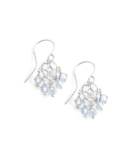 Rhodium plated heart filigree earrings with Blue Shade Swarovski crystals