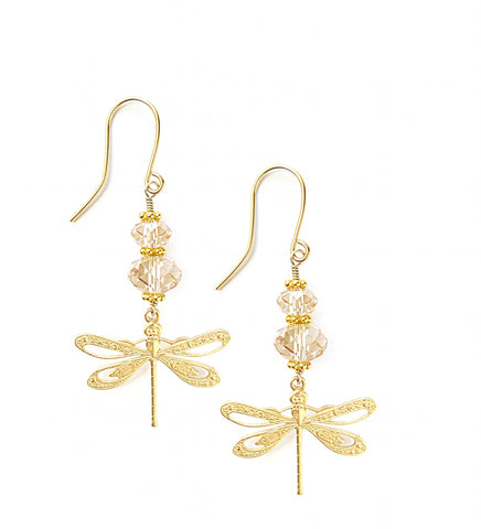 18K gold plated dragonly earrings with Golden Shadow Swarovski crystals