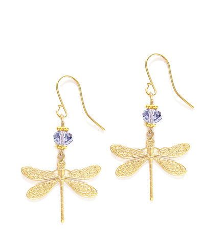 18K gold plated dragonfly earrings with Tanzanite Swarovski crystals.