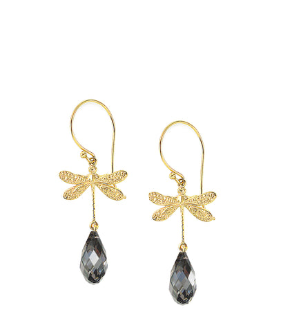 18K gold plated dragonfly earrings with "Black Silver Night" Swarovski drops.