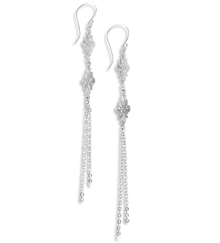 Long-length rhodium plated double flowerlink earrings