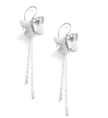 Rhodium plated butterfly dangle earrings with Swarovski crystal charms