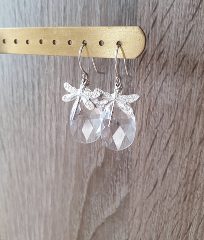 Silver dragonfly earrings with clear  Swarovski crystals drops.