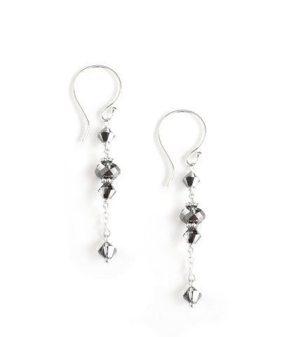 Rhodium plated dangle earrings handmade with "Black Silver Night" Swarovski crystals