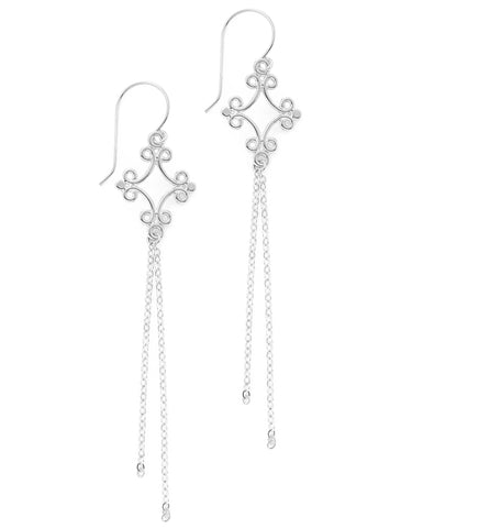 Long-length rhodium plated filigree earrings