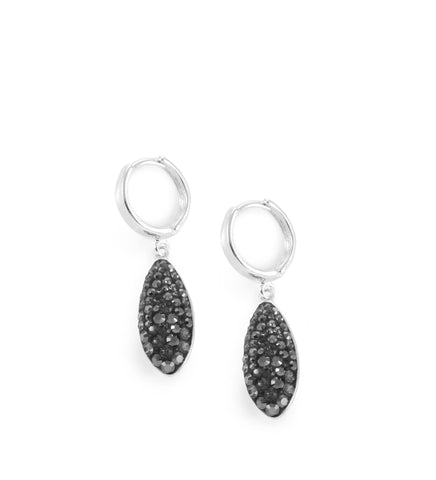Silver plated hoop earrings adorned with "Black Silver Night" Swarovski crystal pavé pendants.