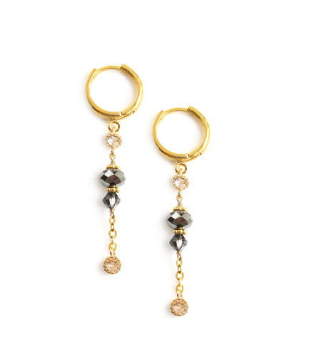 18K gold plated hoop drop earrings with Black Silver Night Austrian crystals and delicate Golden Shadow charms.