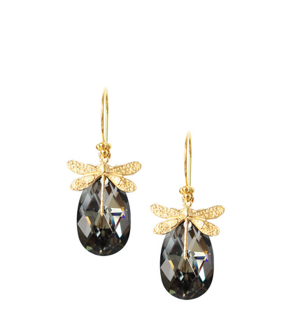18K gold plated dragonfly earrings with "Black Silver Night" Swarovski crystal drops.