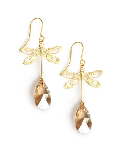 18K gold plated dragonfly earrings with Golden Shadow Swarovski crystal drops.