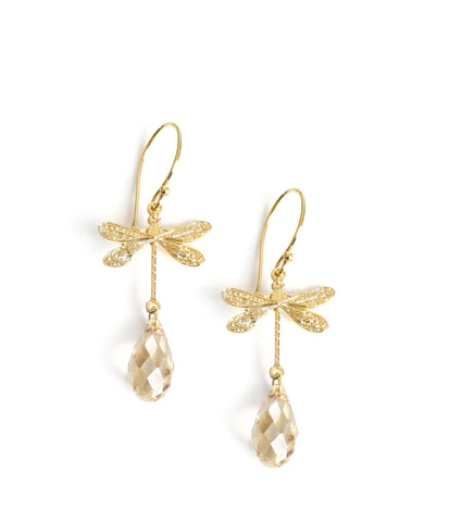 18K gold plated dragonfly earrings with "Golden Shadow" Swarovski crystal drops.